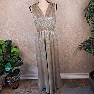 LuLu's Size Large Soft Gold Textured Floor Length Gown Double V-Neck Elastic Wst